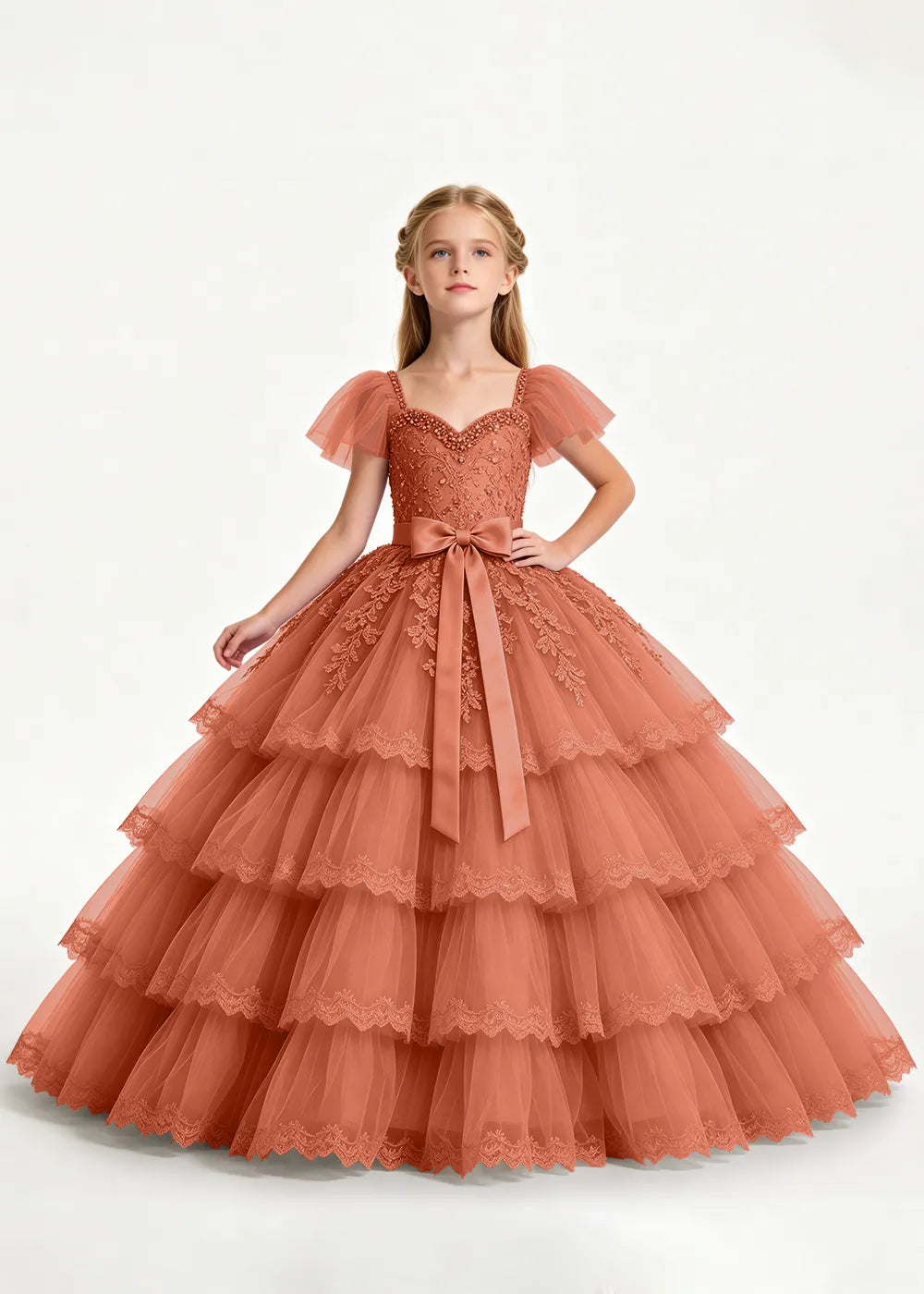 Navy Four-Tier Flower Girl Gown with Front Bow