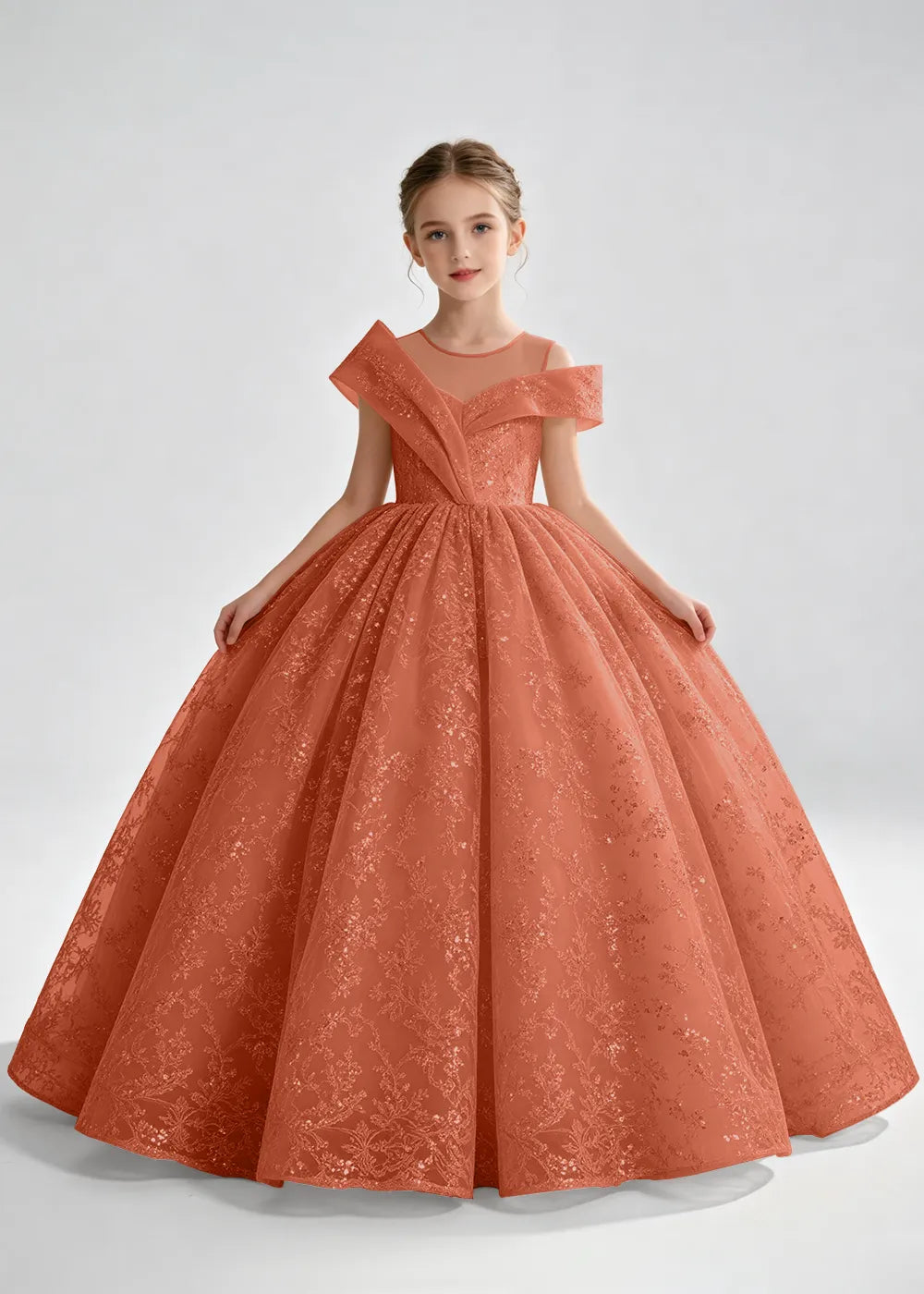 Navy Blue Illusion-Band Floral Flower Girl Dress