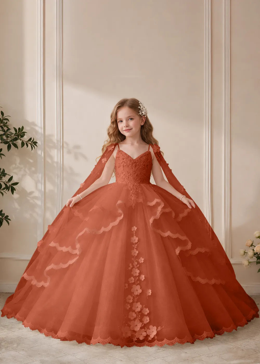 Dusty Rose Flower Girl Dress with Floral Lace and Shoulder Drapes