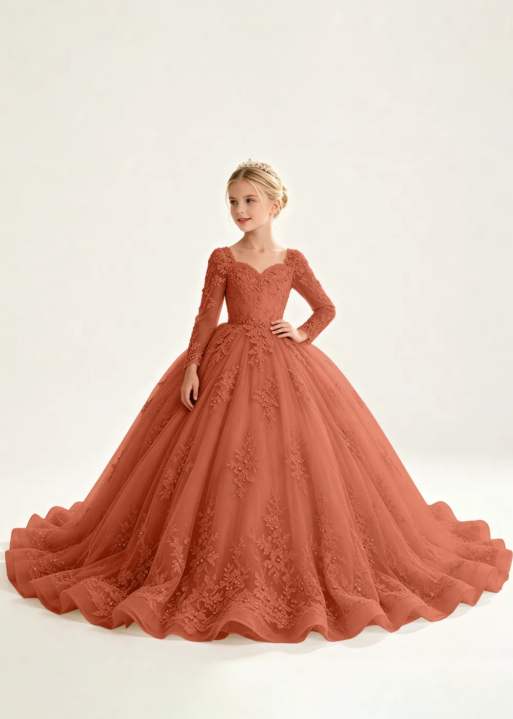 Navy Floral Flower Girl Gown with Long Sleeves