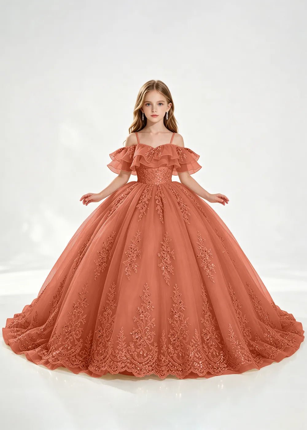 Slate Blue Off-Shoulder Lace-Hem Flower Girl Dress