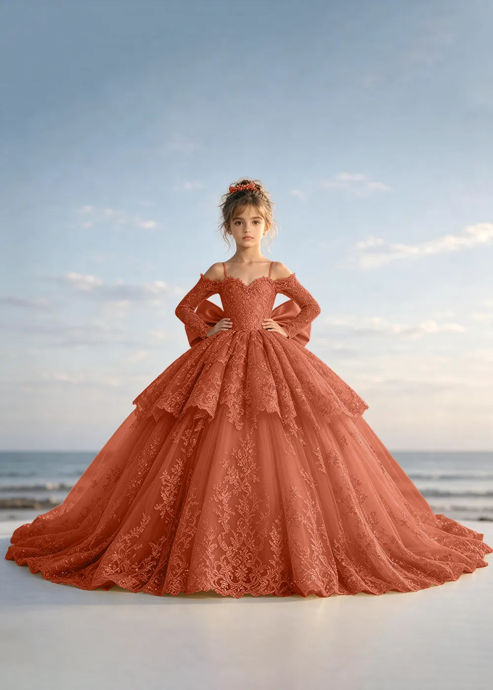 Navy Blue Lace Flower Girl Gown with Peplum and Trailing Satin Bow