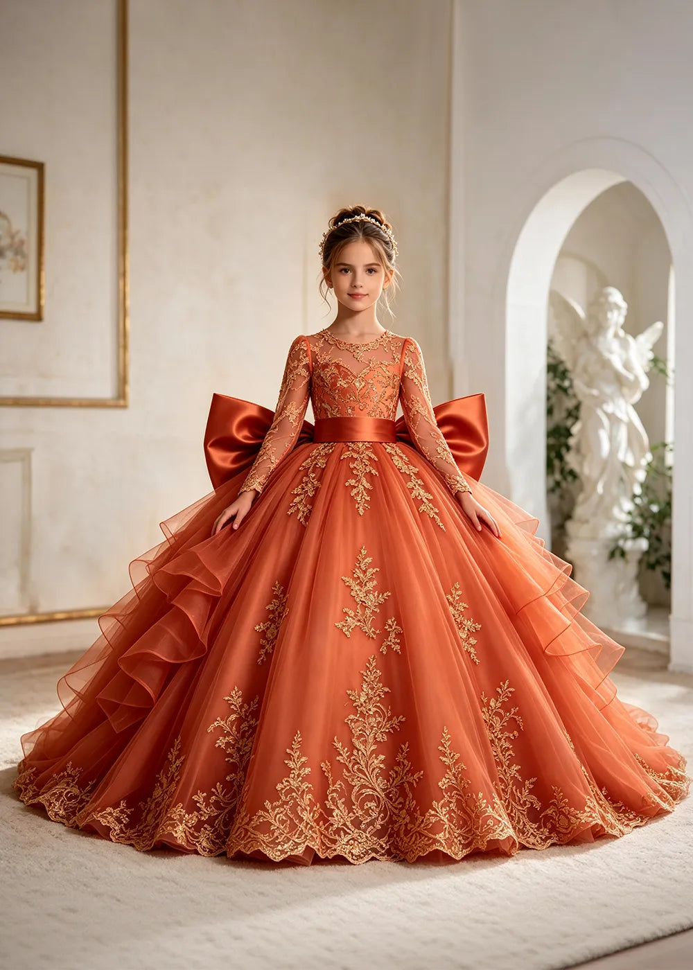 Navy Blue Gold Lace Flower Girl Gown with Ruffles and Long Bow Tails