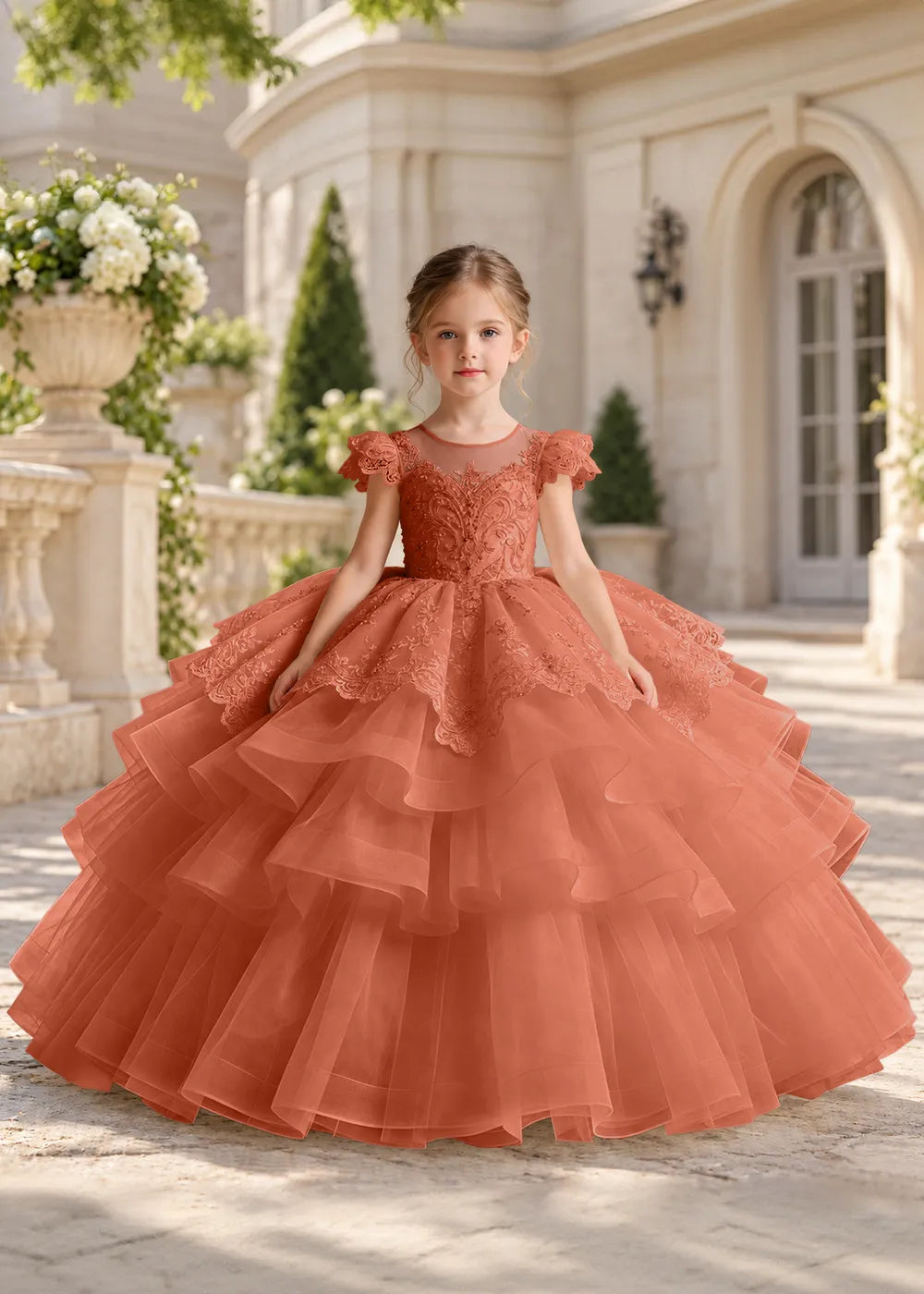 Dusty Blue Lace-Cap Flower Girl Dress with Cascading Skirt