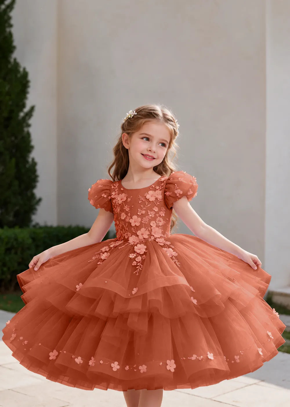 Pink Flower Girl Dress with Floral Trails and Ruffled Hem