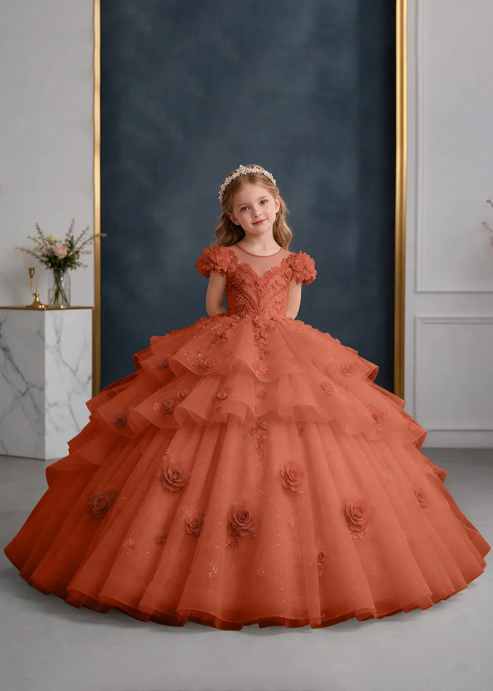 Navy Blue Flower Girl Gown with Floral Cap Sleeves and Rose Ruffles