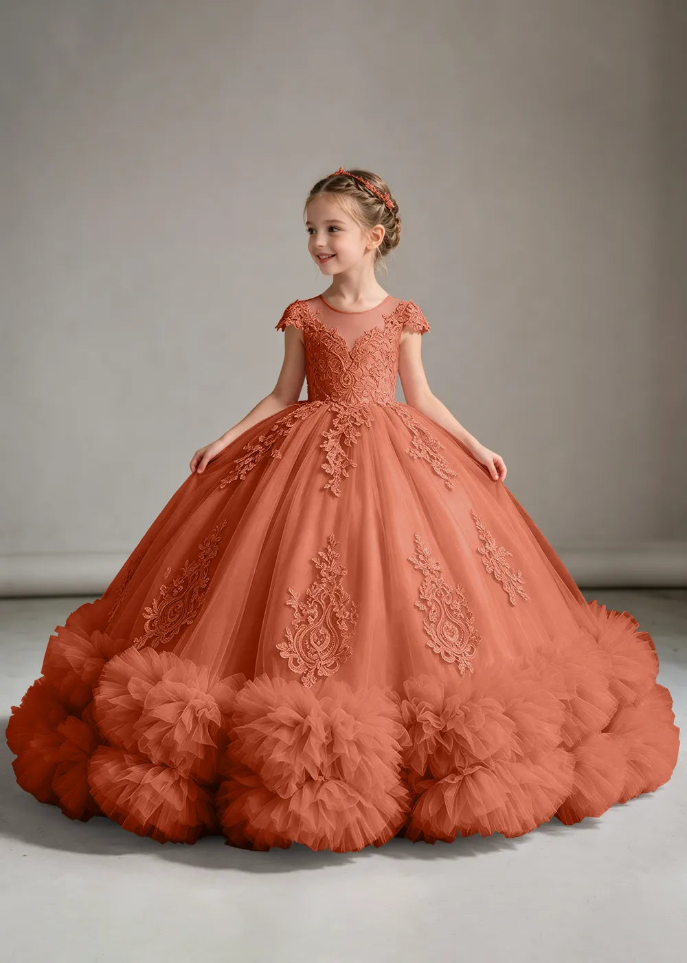Navy Flower Girl Ball Gown with Floral Bodice and Ruffle Hem