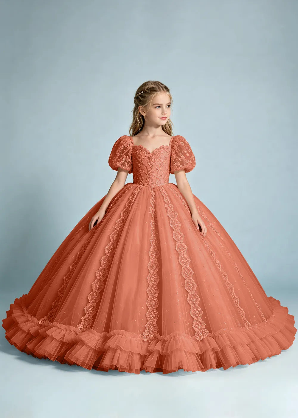 Navy Flower Girl Gown with Lace Puff Sleeves and Ruffled Hem