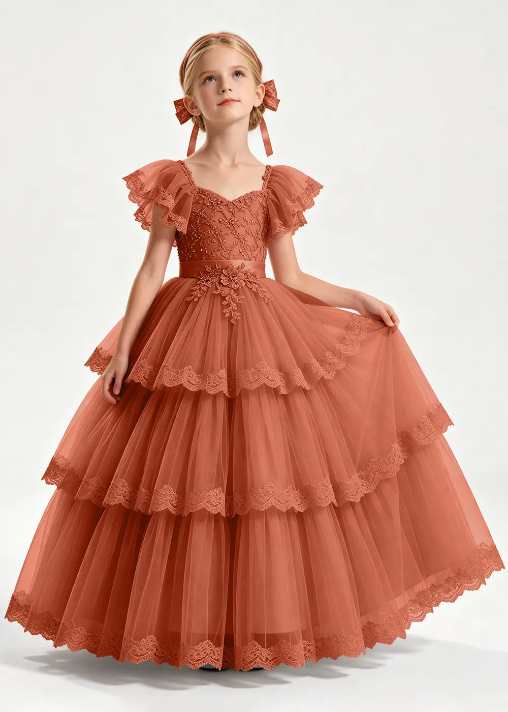 Navy Flower Girl Ball Gown with Three Lace-Edged Tiers