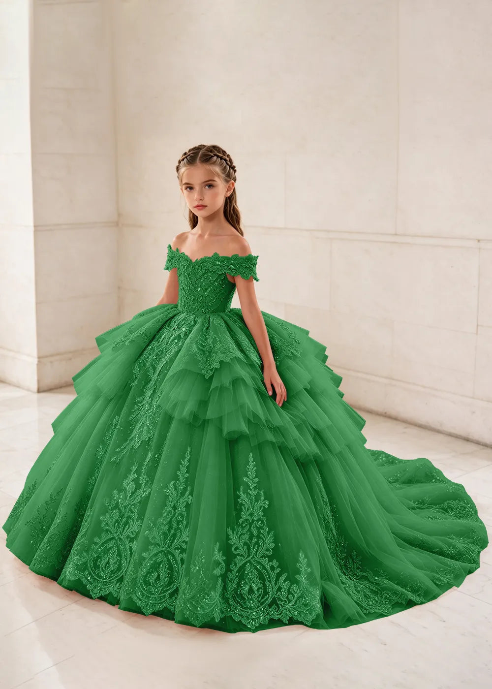 Ruffled Off Shoulder Lace Flower Girl Ball Gown Dress