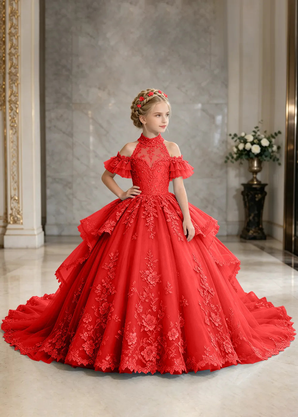 Illusion Neck Peplum Lace Princess Dress for Girls