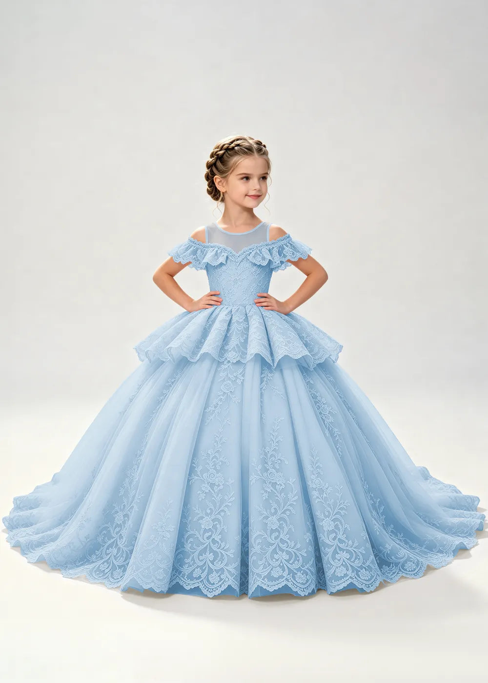 Illusion Neck Tiered Lace Princess Dress for Girls