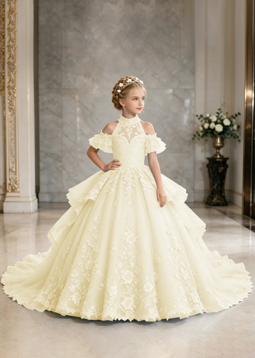 Illusion Neck Peplum Lace Princess Dress for Girls