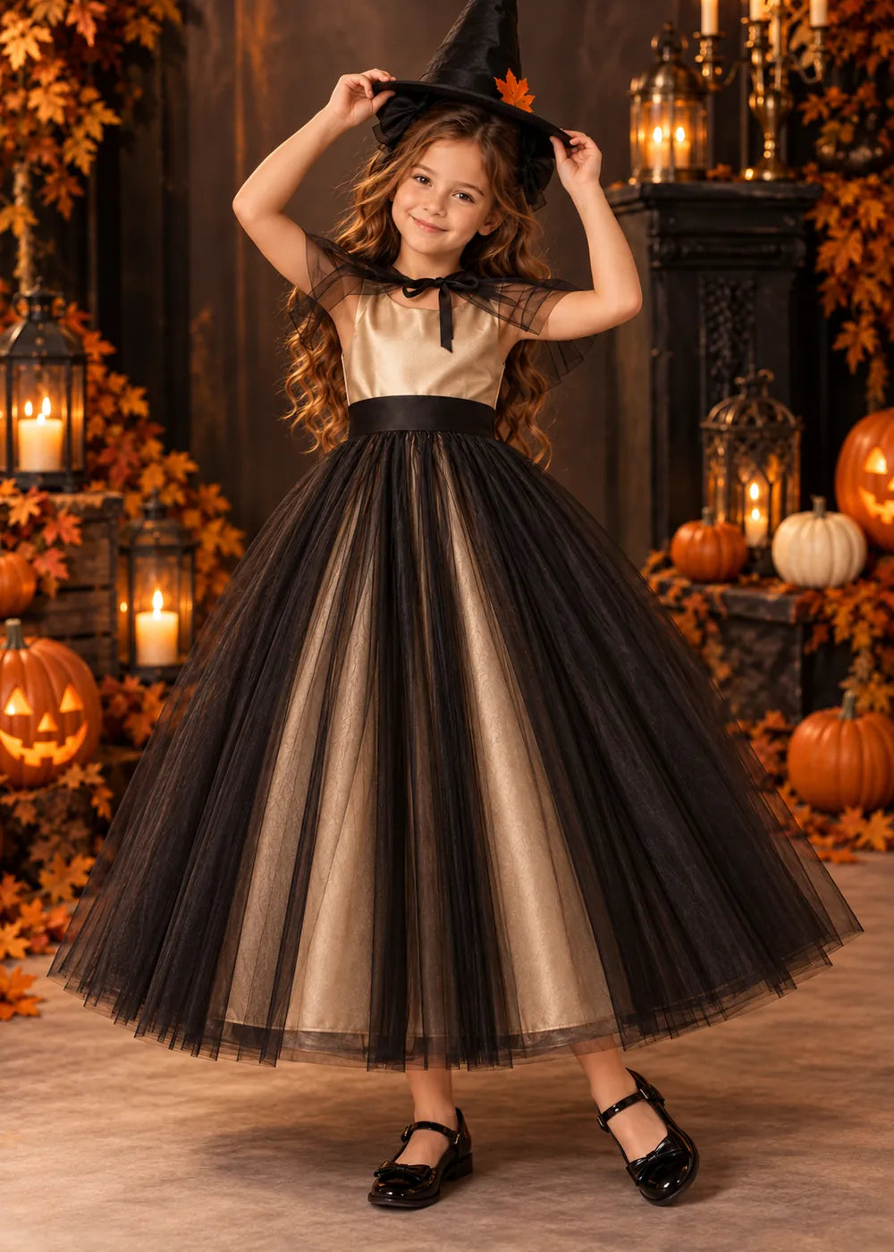 Detail view of the champagne and black flower girl dress.