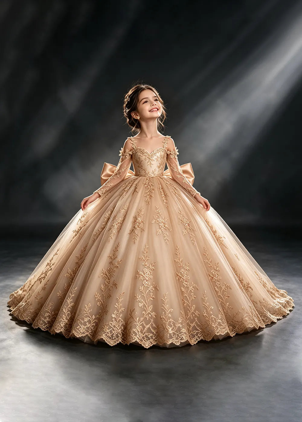 Ivory Gold Lace Flower Girl Dress with Floral Straps and Satin Bow