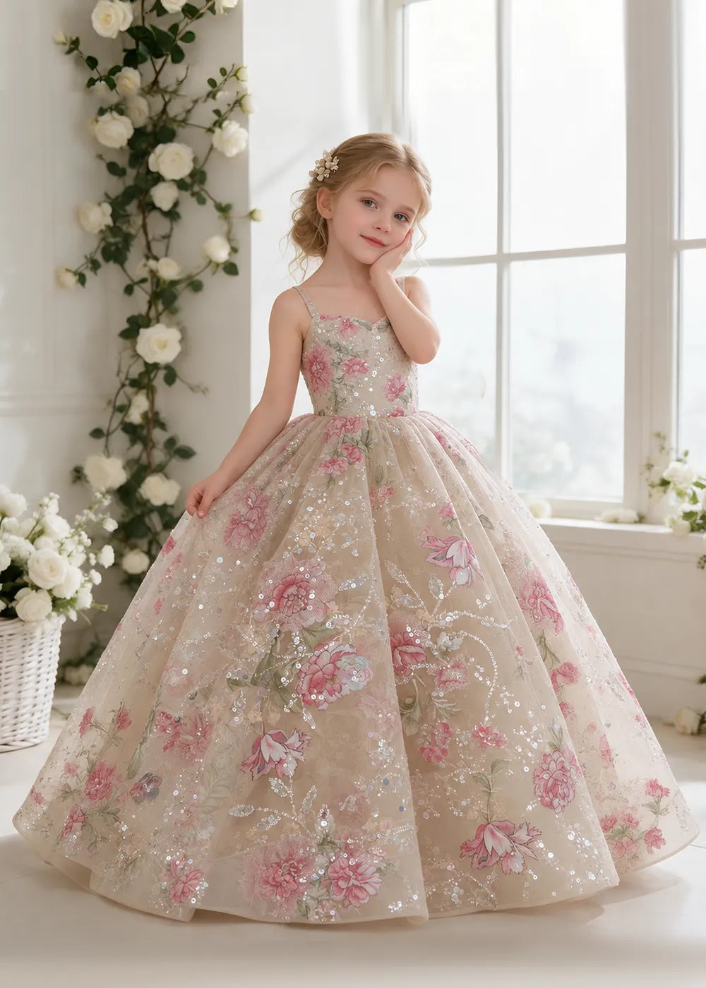 Champagne Floral Sequin Flower Girl Dress with Slim Straps