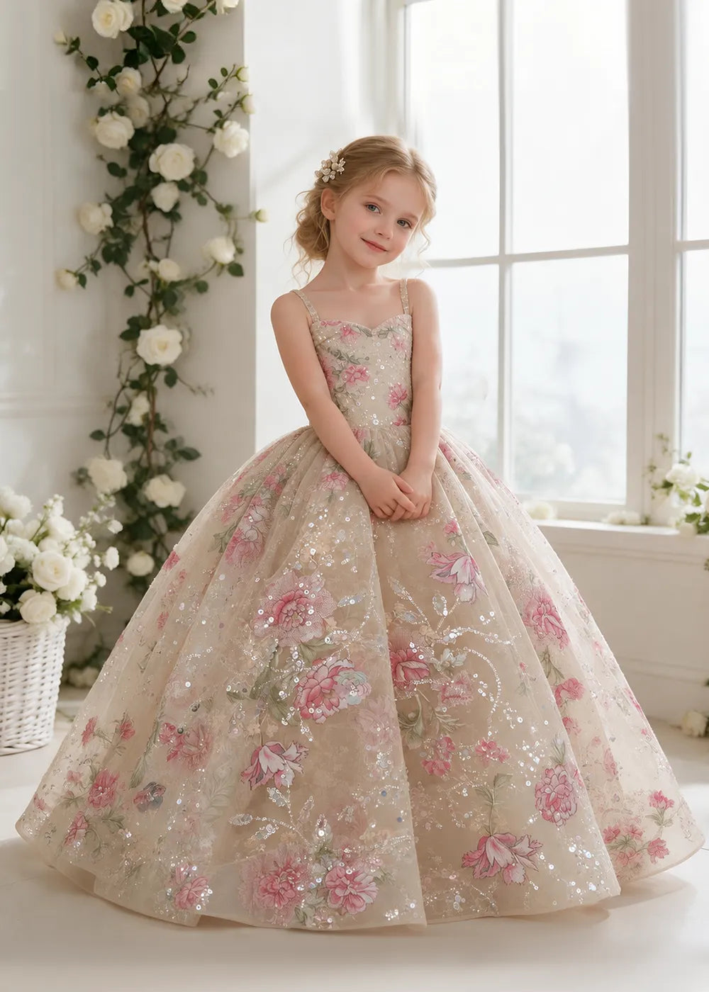 Champagne Floral Sequin Flower Girl Dress with Slim Straps