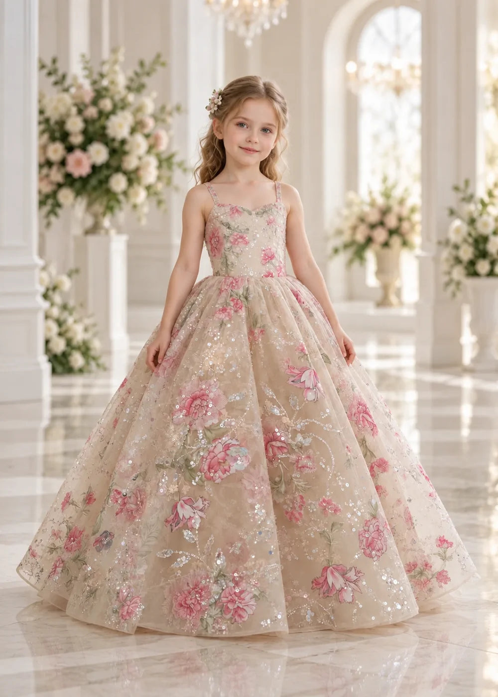 Champagne Floral Sequin Flower Girl Dress with Slim Straps