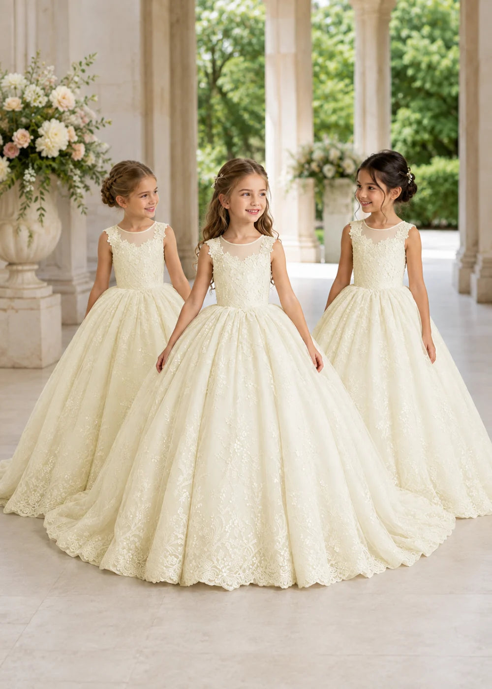 Champagne Flower Girl Gown with Floral Lace and Train