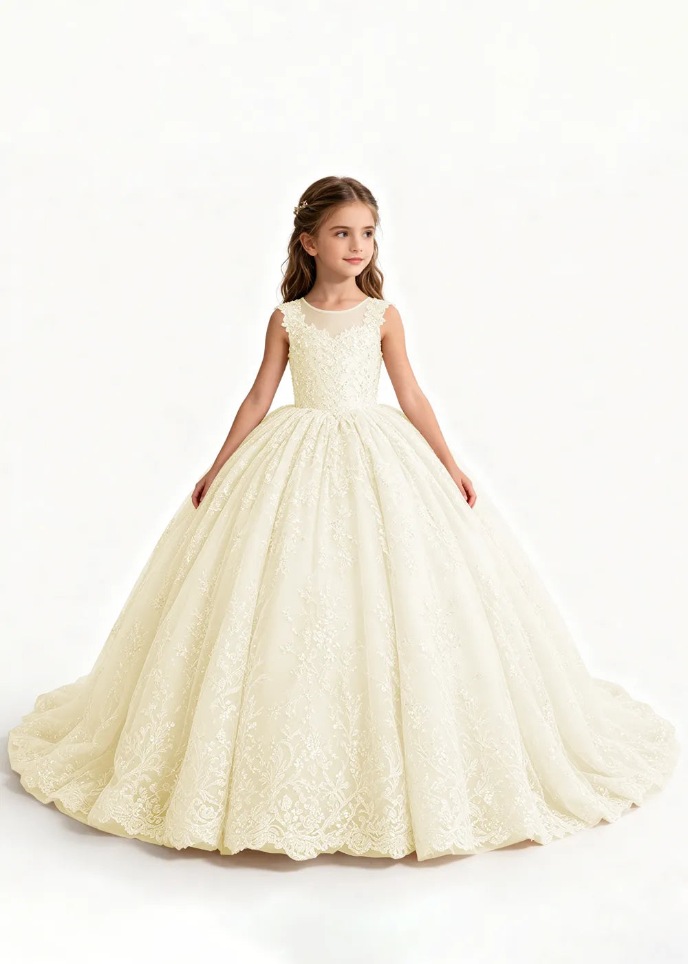 Champagne Flower Girl Gown with Floral Lace and Train