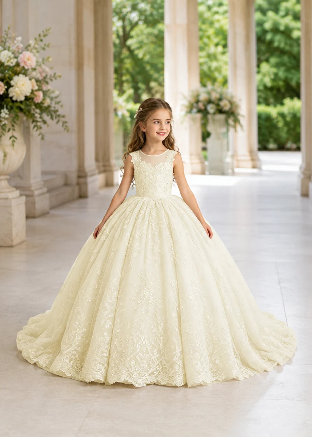 Champagne Flower Girl Gown with Floral Lace and Train