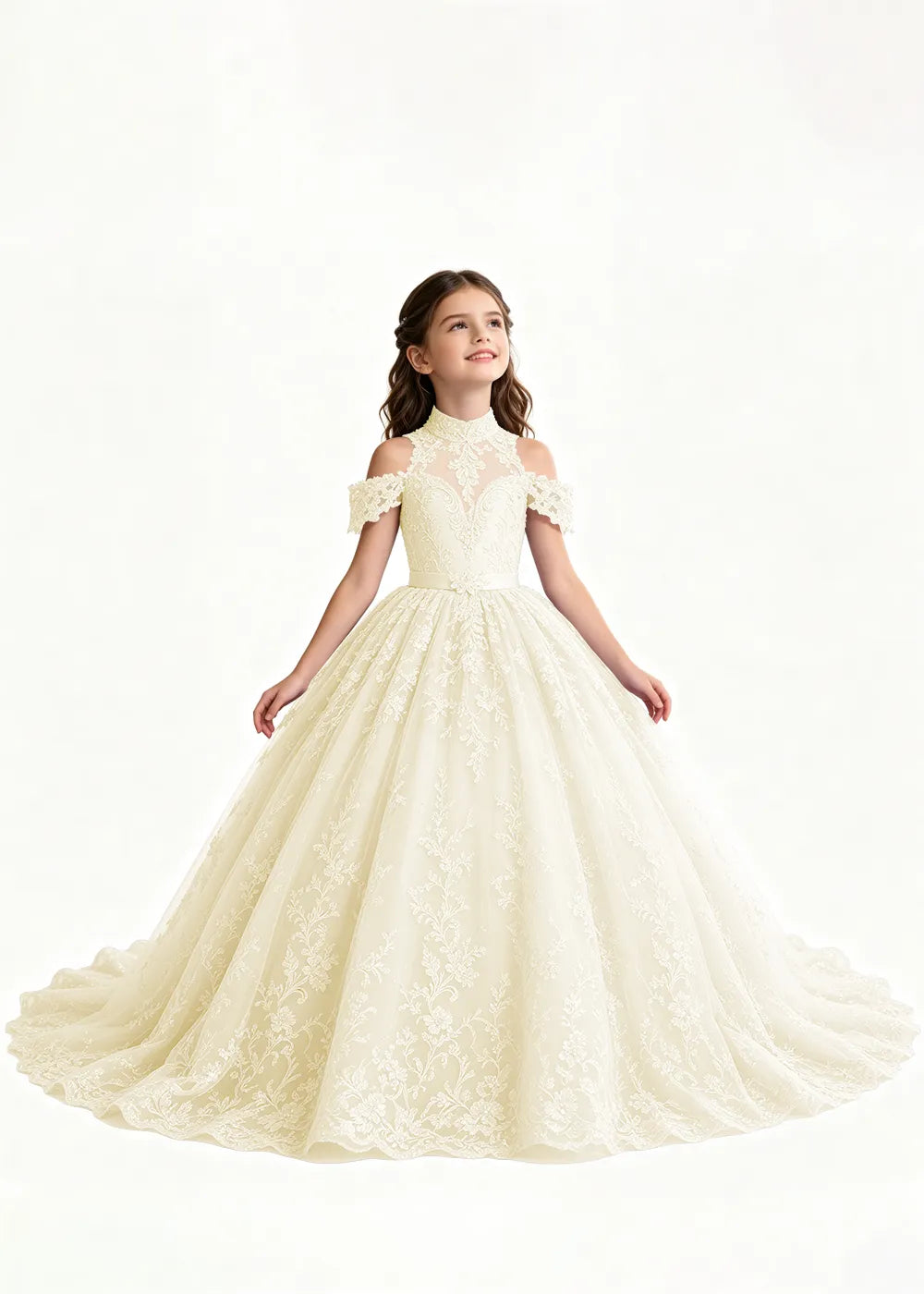 Lavender Flower Girl Gown with Floral Neckline and Train