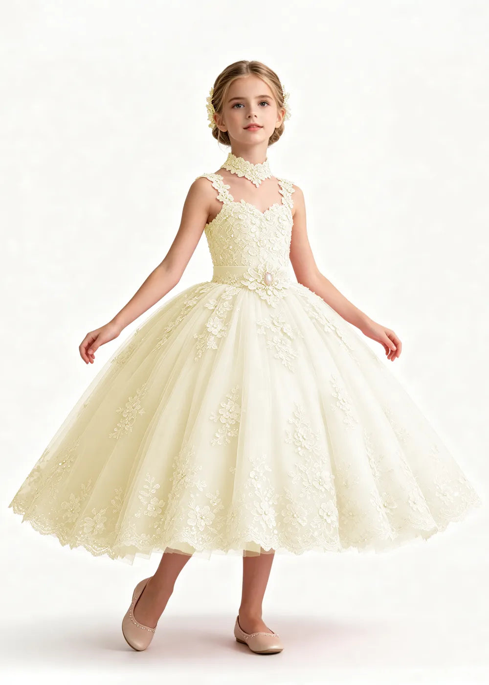 Pink Tea-Length Flower Girl Dress with Floral Neck Band