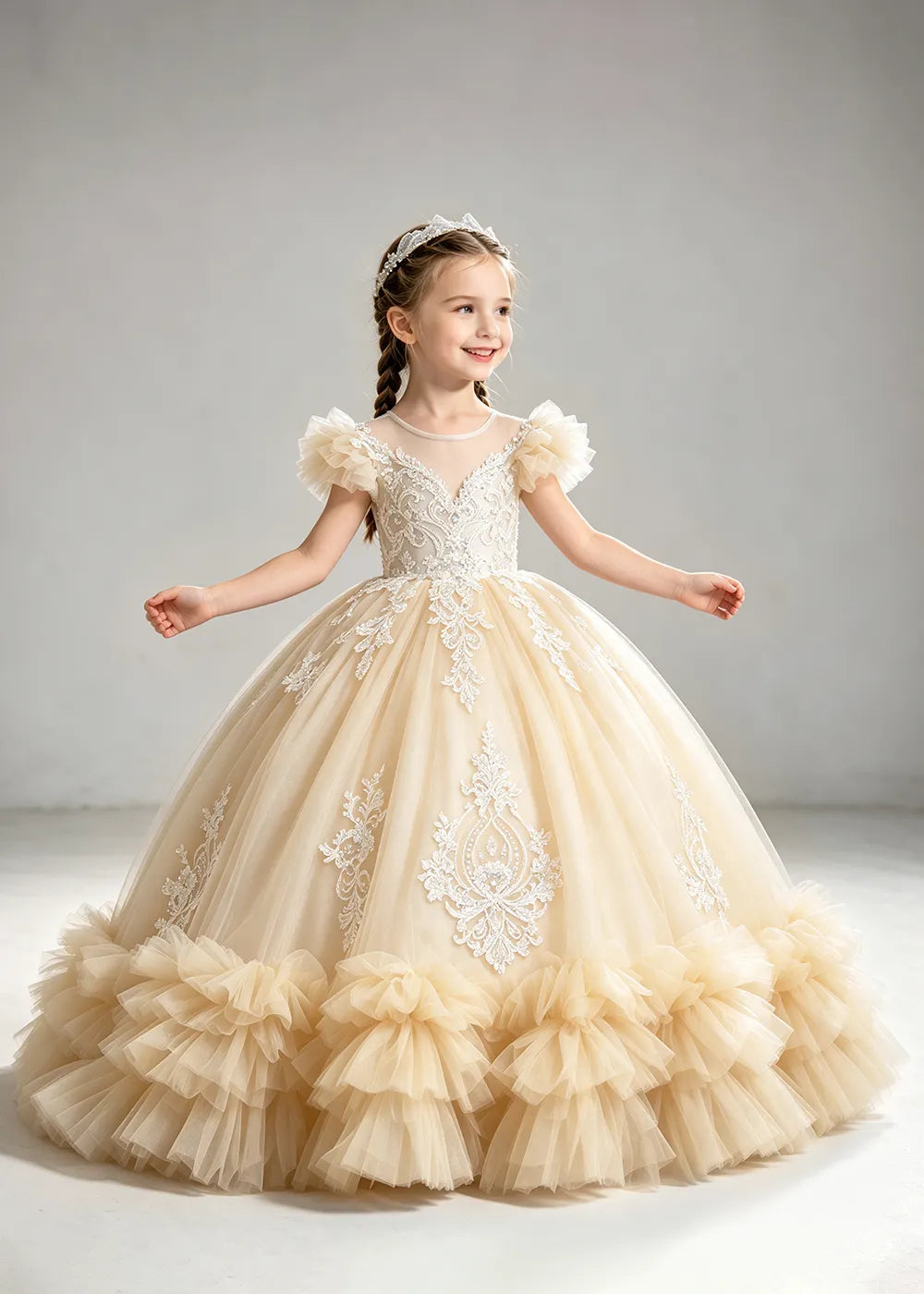 Muted Dusty Blue Flower Girl Ball Gown with White Floral Detail