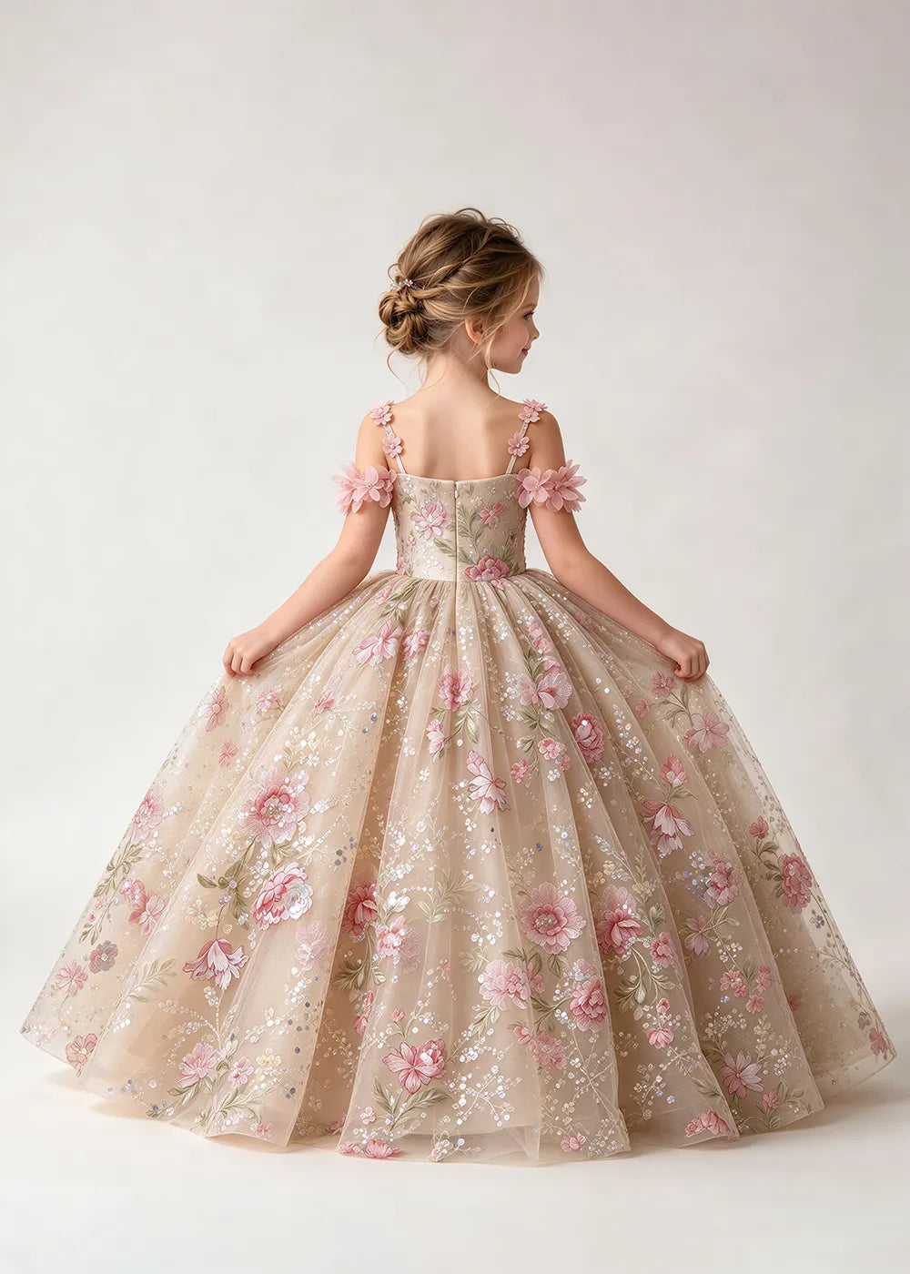 Champagne Floral Flower Girl Gown with Pink Blossom Straps