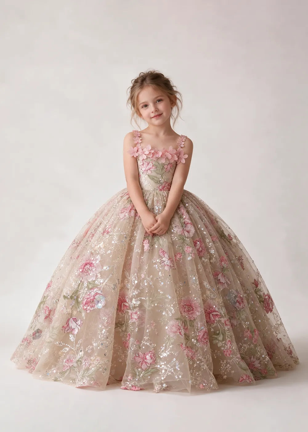 Champagne Floral Flower Girl Gown with Pink Blossom Straps