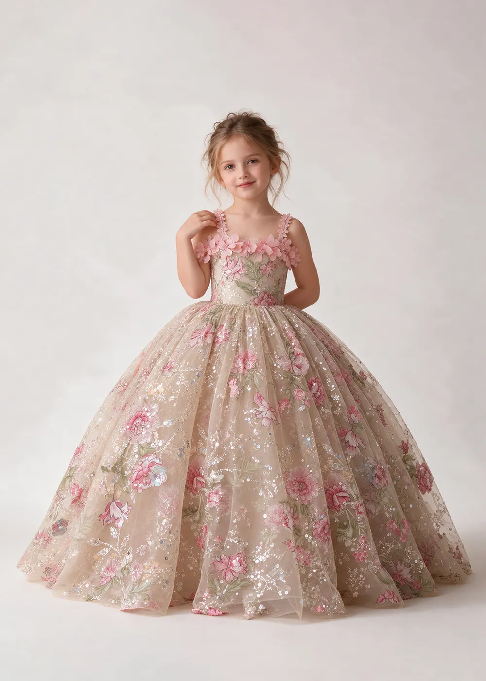 Champagne Floral Flower Girl Gown with Pink Blossom Straps