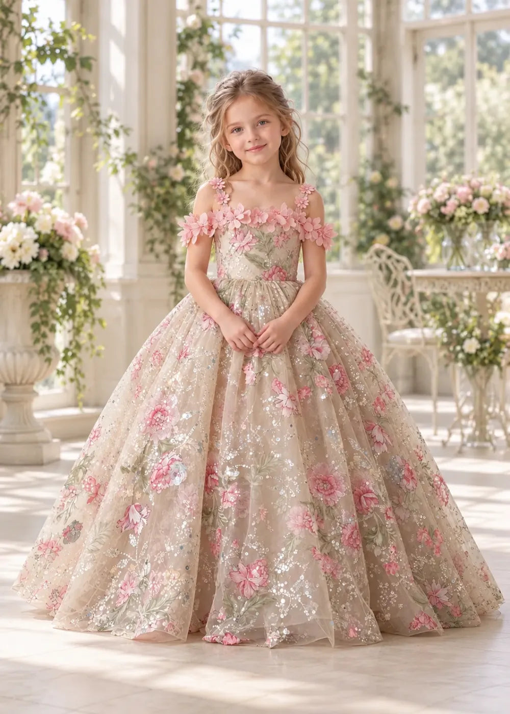 Champagne Floral Flower Girl Gown with Pink Blossom Straps