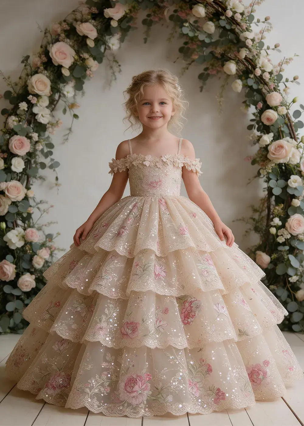 Champagne Floral Flower Girl Dress with Four Scalloped Tiers