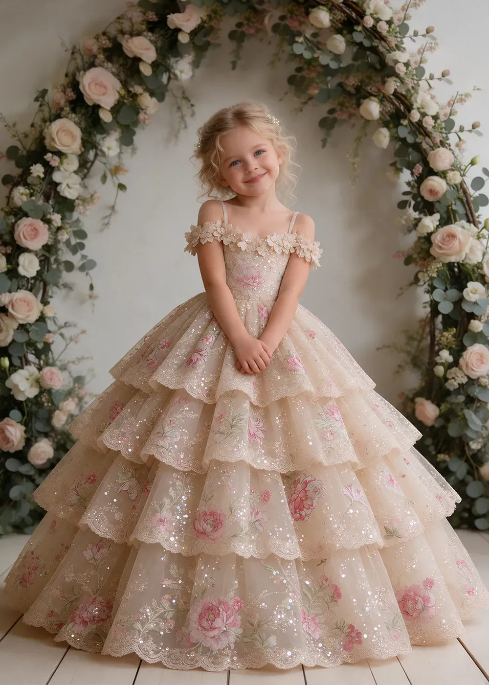 Champagne Floral Flower Girl Dress with Four Scalloped Tiers