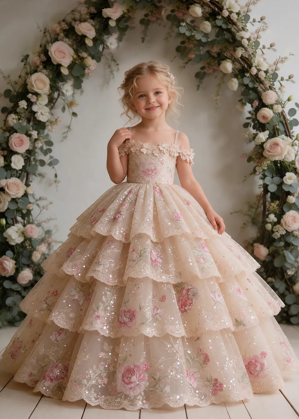 Champagne Floral Flower Girl Dress with Four Scalloped Tiers