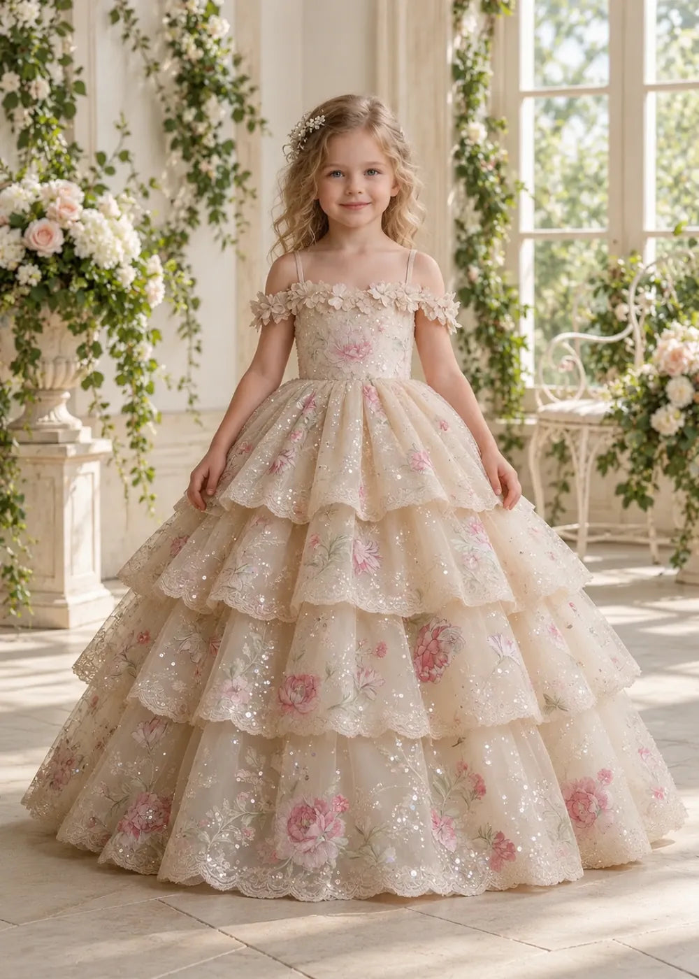 Champagne Floral Flower Girl Dress with Four Scalloped Tiers
