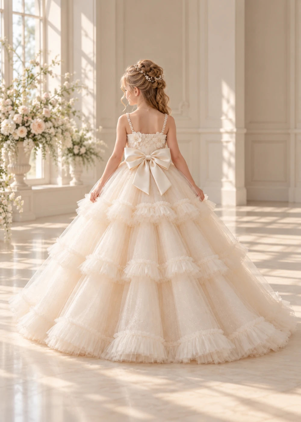 Rear view of a child wearing a champagne flower girl dress with beaded spaghetti straps, a bodice covered in three-dimensional fabric flowers and a multi-tiered tulle skirt.