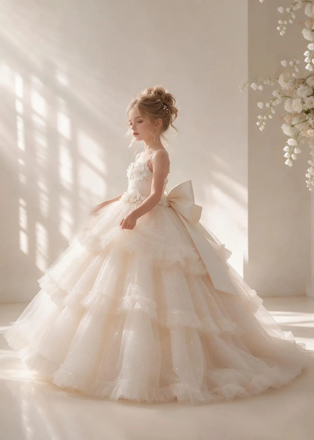 The front view of a child wearing a Champagne flower girl dress with beaded spaghetti straps, a bodice covered in three-dimensional fabric flowers and a multi-tiered tulle skirt.