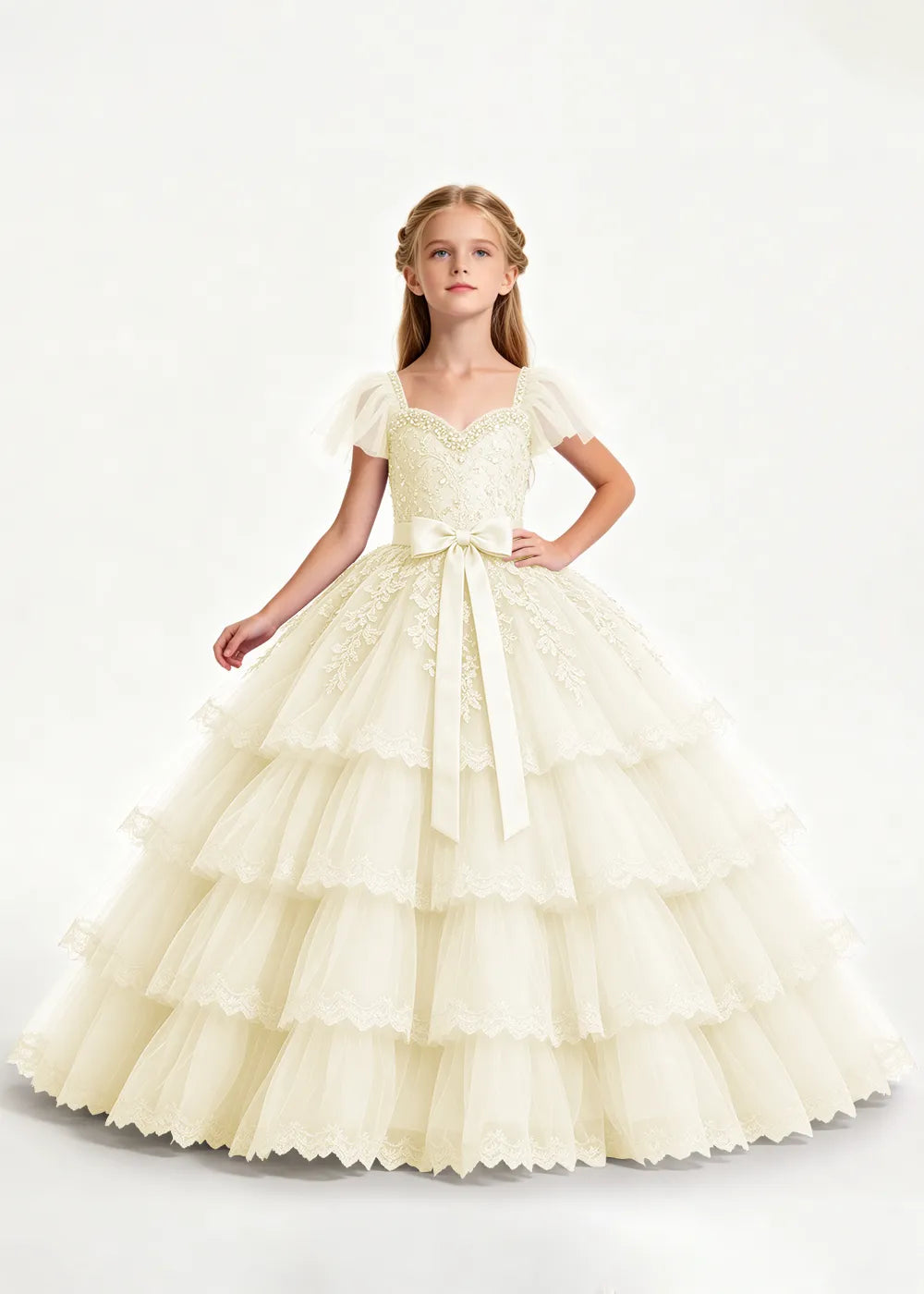 Pale Lavender Four-Tier Flower Girl Gown with Front Bow