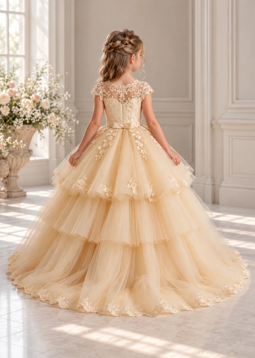 Rear view of a child wearing a champagne flower girl dress with a sheer lace illusion neckline, cap sleeves and a tiered cake-style tulle skirt with a lace-trimmed hem.