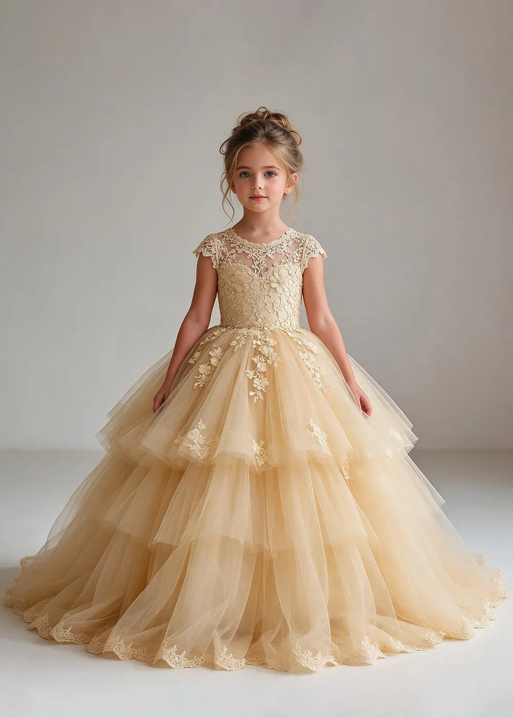 The front view of a child wearing a Champagne flower girl dress with a sheer lace illusion neckline, cap sleeves and a tiered cake-style tulle skirt with a lace-trimmed hem.