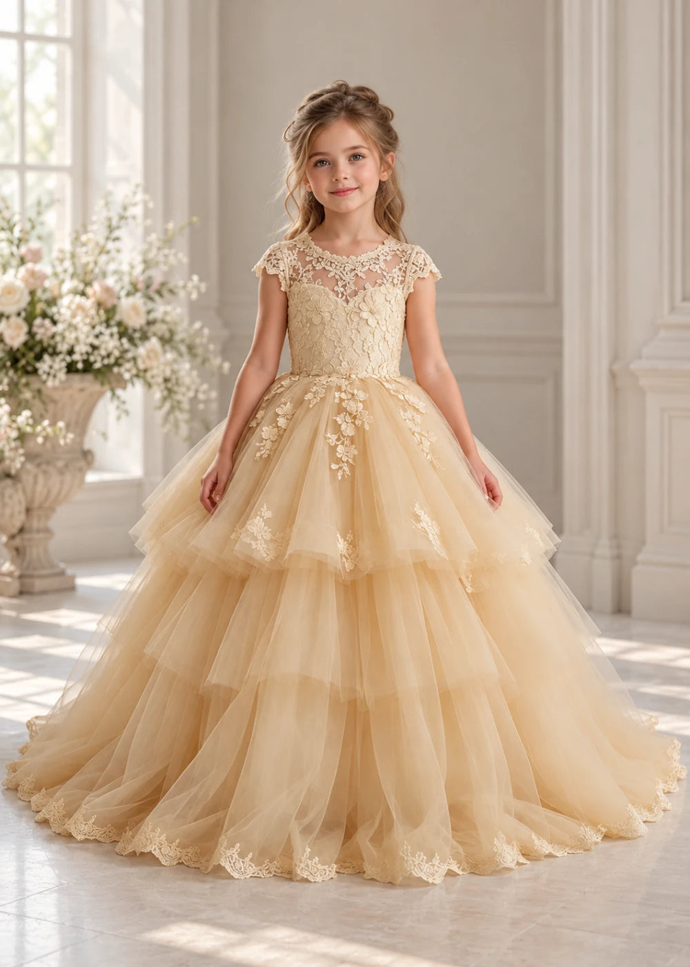 Front view of a child wearing a champagne flower girl dress with a sheer lace illusion neckline, cap sleeves and a tiered cake-style tulle skirt with a lace-trimmed hem.
