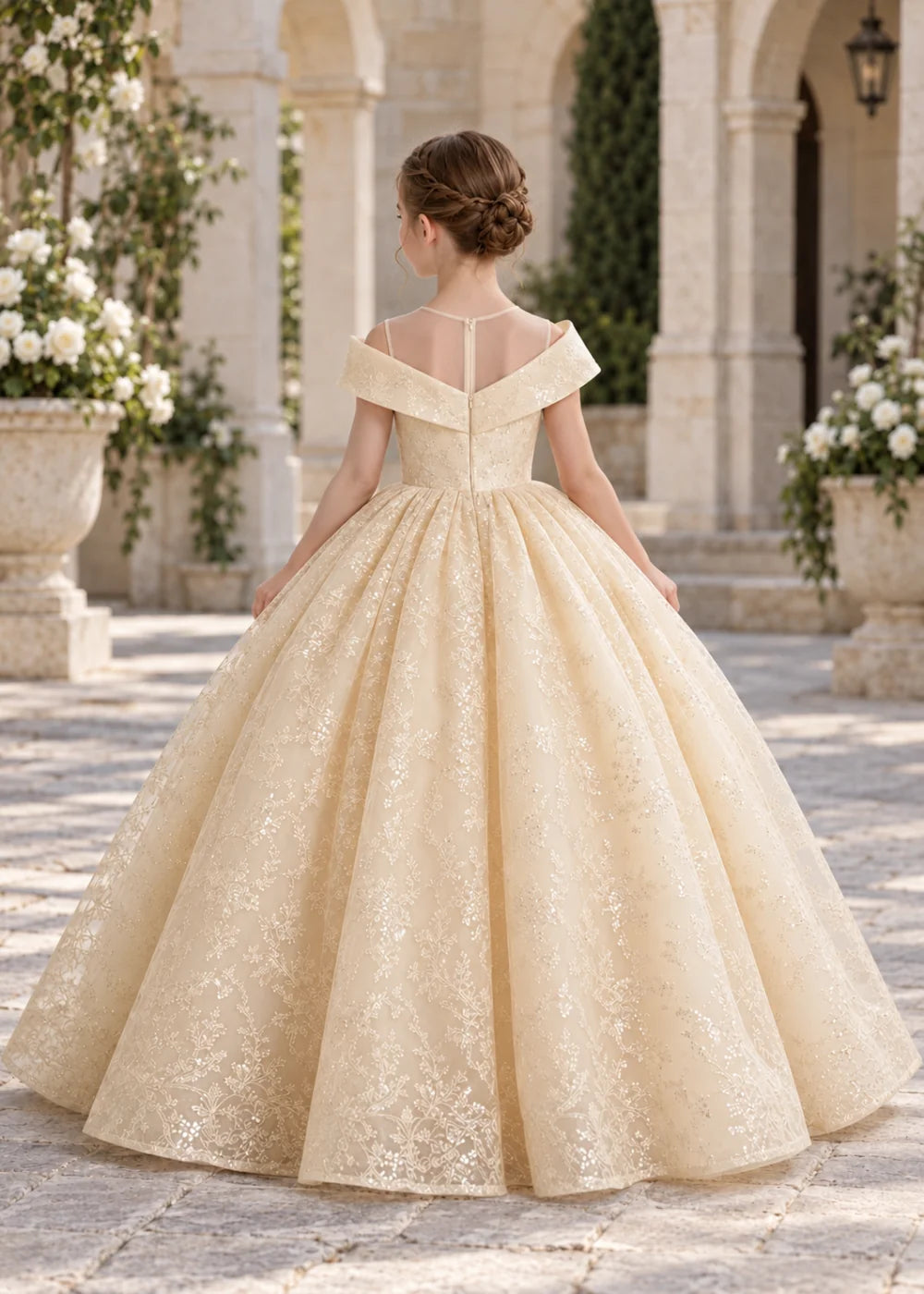 Champagne Illusion-Band Floral Flower Girl Dress