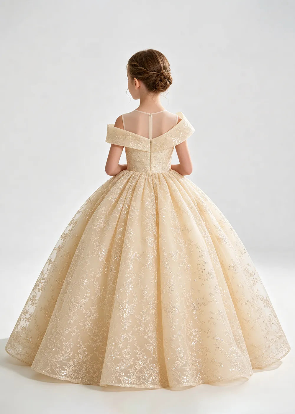 Champagne Illusion-Band Floral Flower Girl Dress