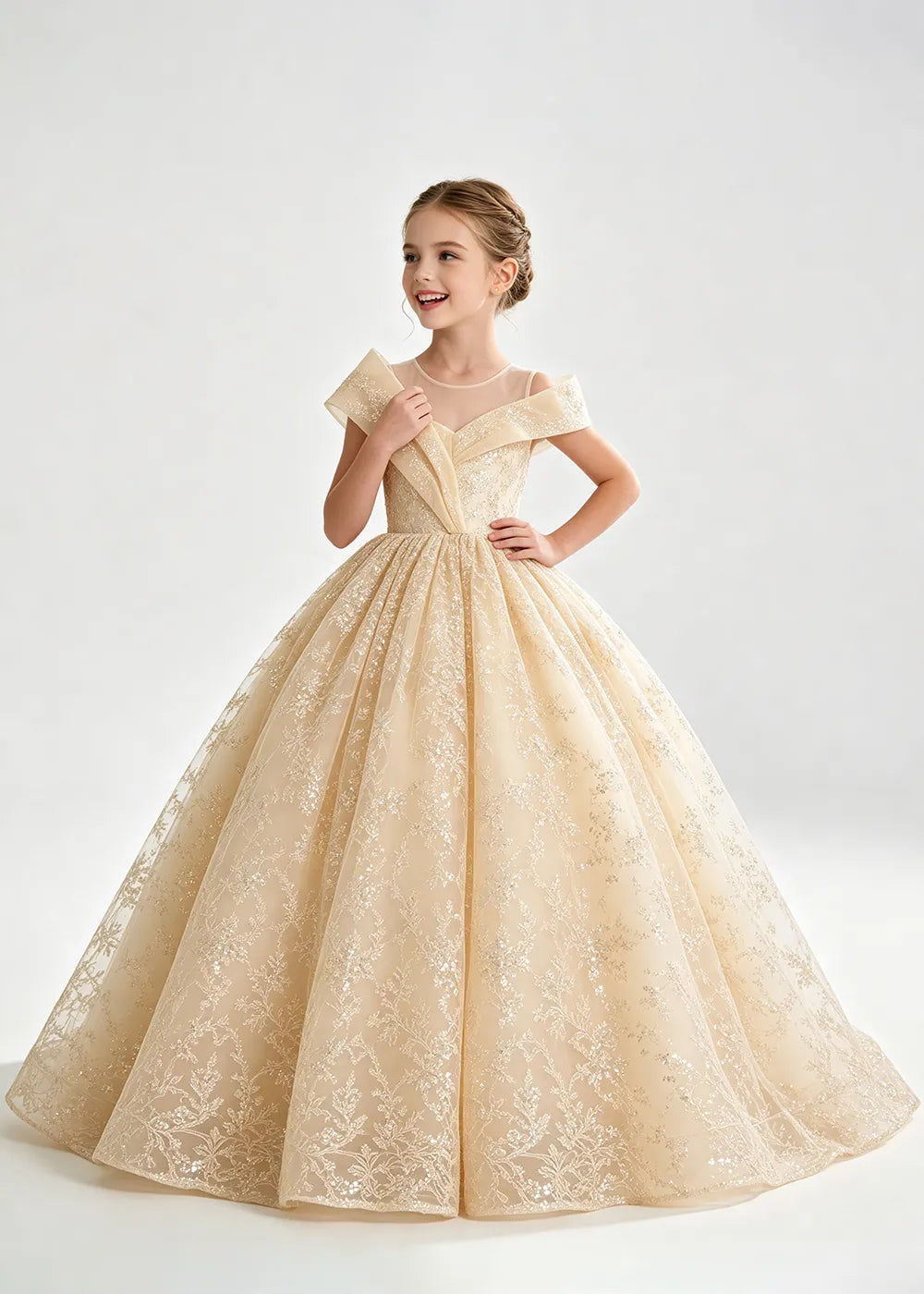 Champagne Illusion-Band Floral Flower Girl Dress