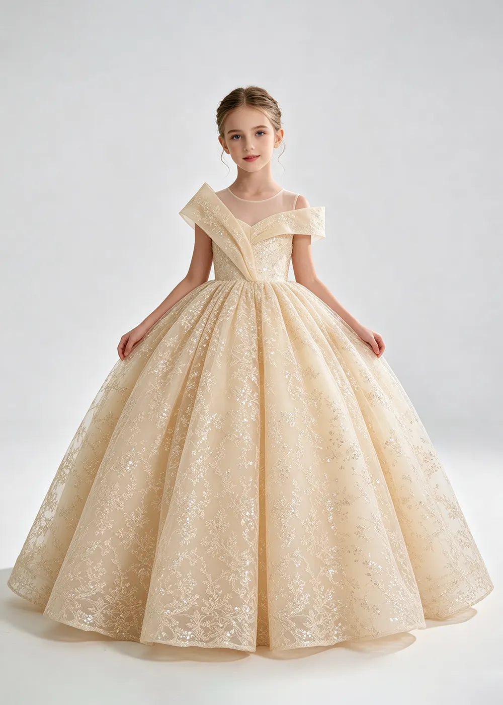 Champagne Illusion-Band Floral Flower Girl Dress