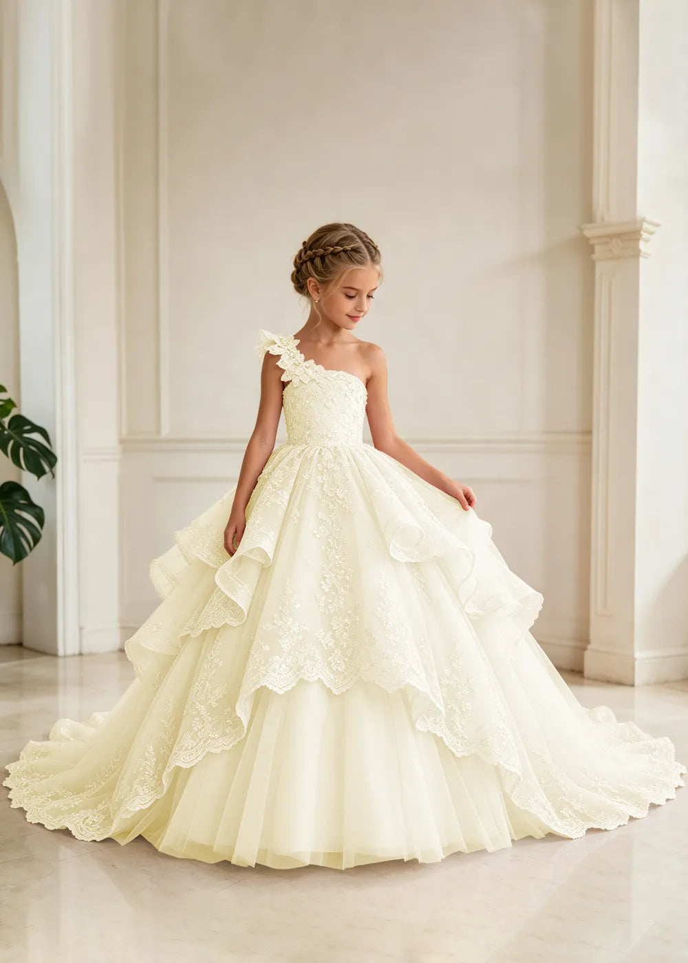 Floral Strap Tiered Lace Princess Dress for Girls