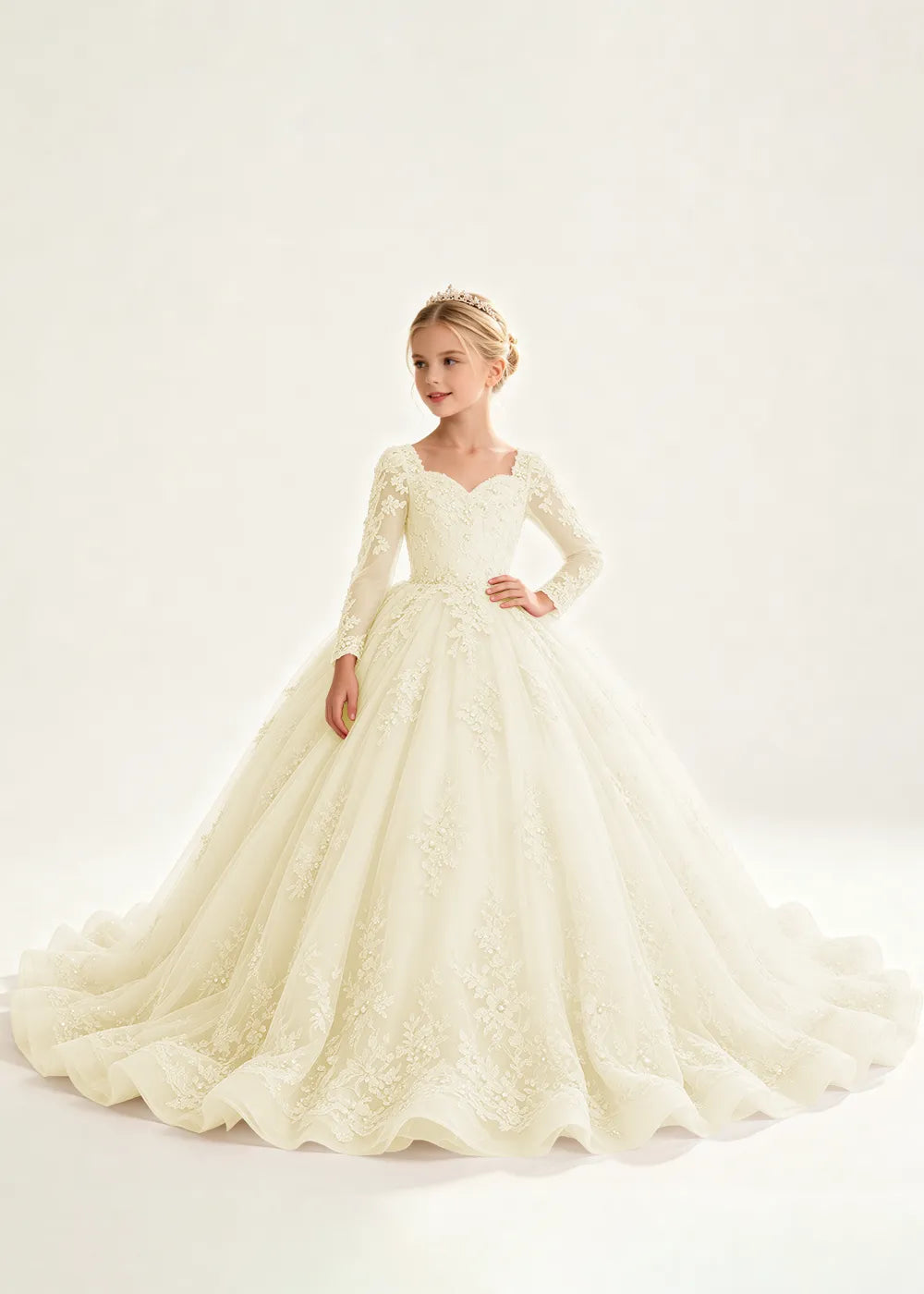 Flower Girl Dress with Long Lace Sleeves and Train