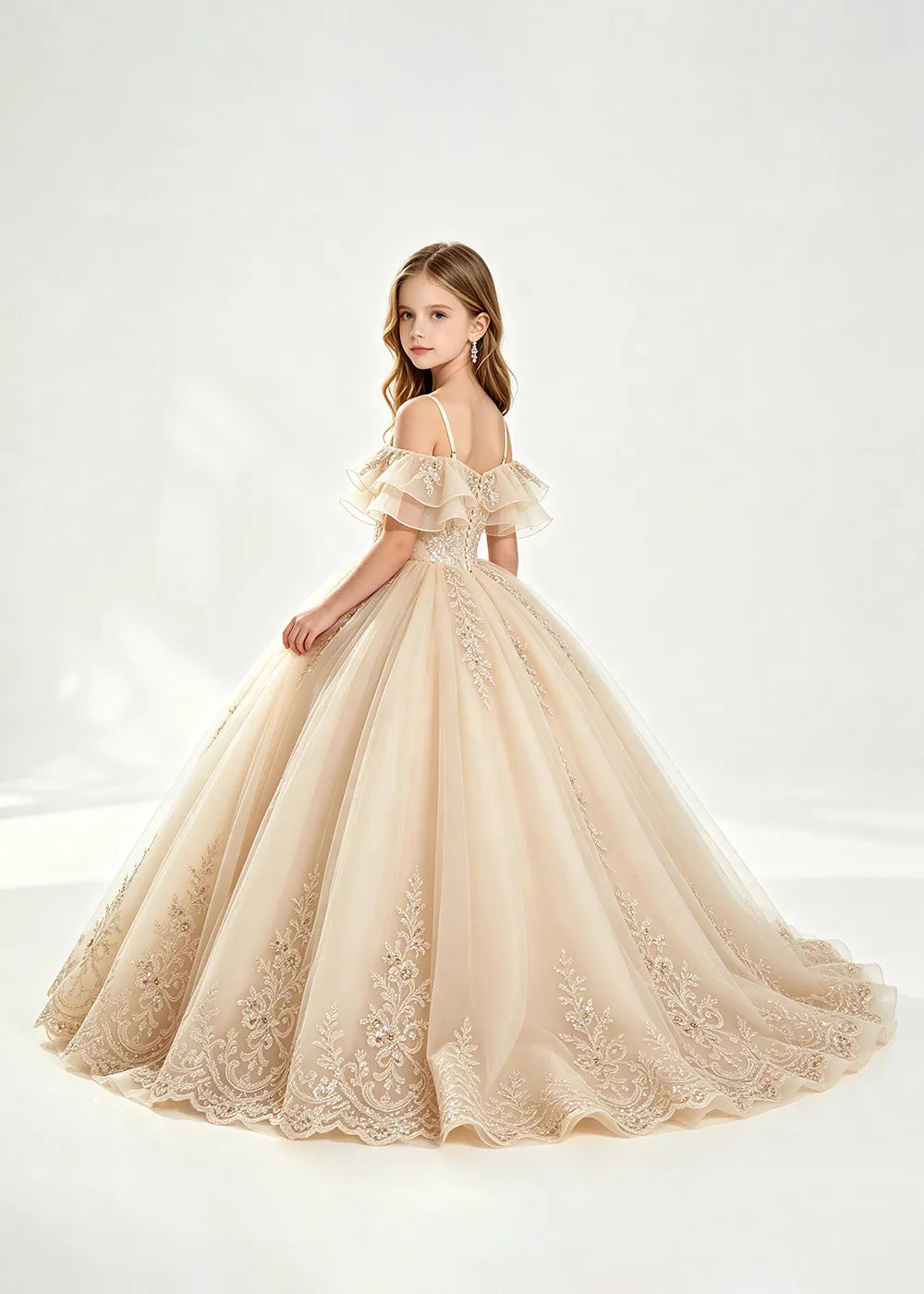 Champagne Off-Shoulder Lace-Hem Flower Girl Dress
