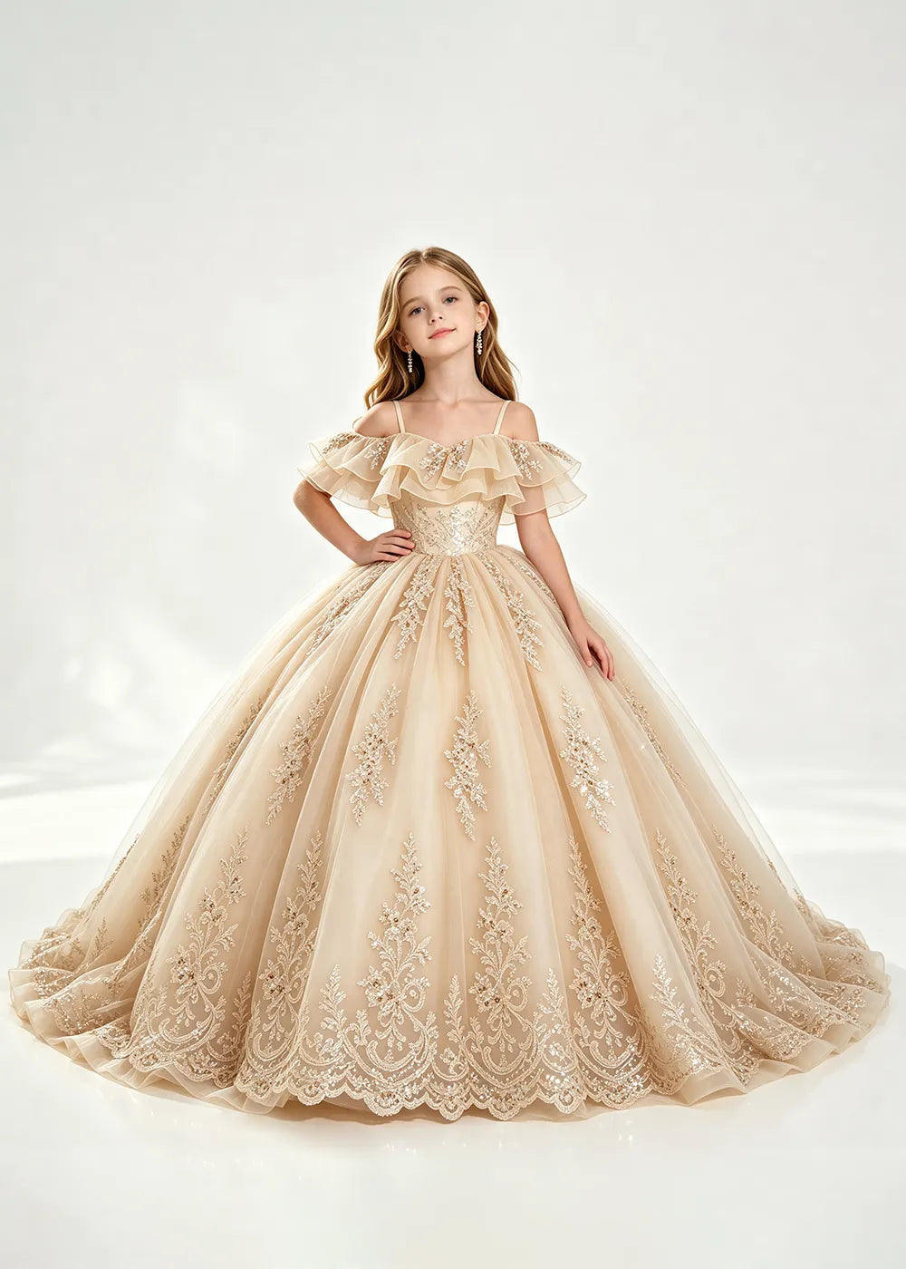 Champagne Off-Shoulder Lace-Hem Flower Girl Dress
